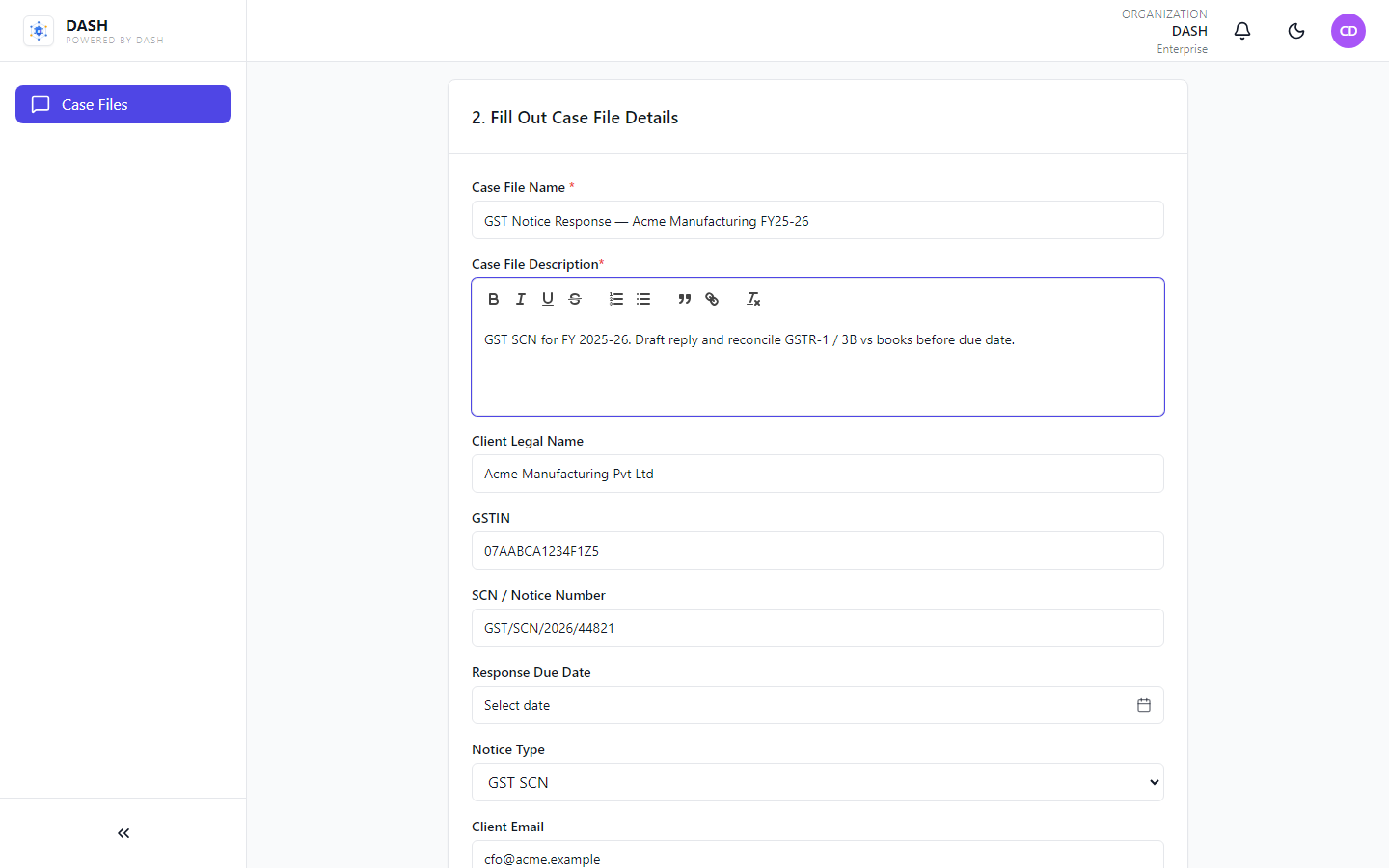 Create case file form filled with Acme Manufacturing GST SCN data