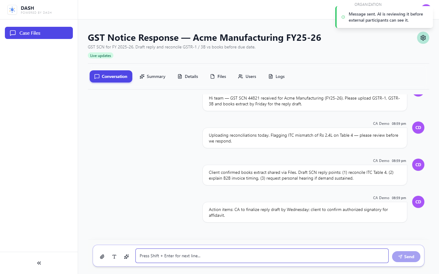 Case file Conversation tab with CA–client GST notice messages