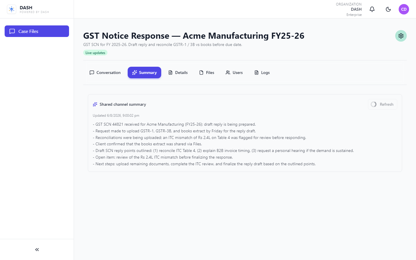 Case file Summary tab for shared channel summary