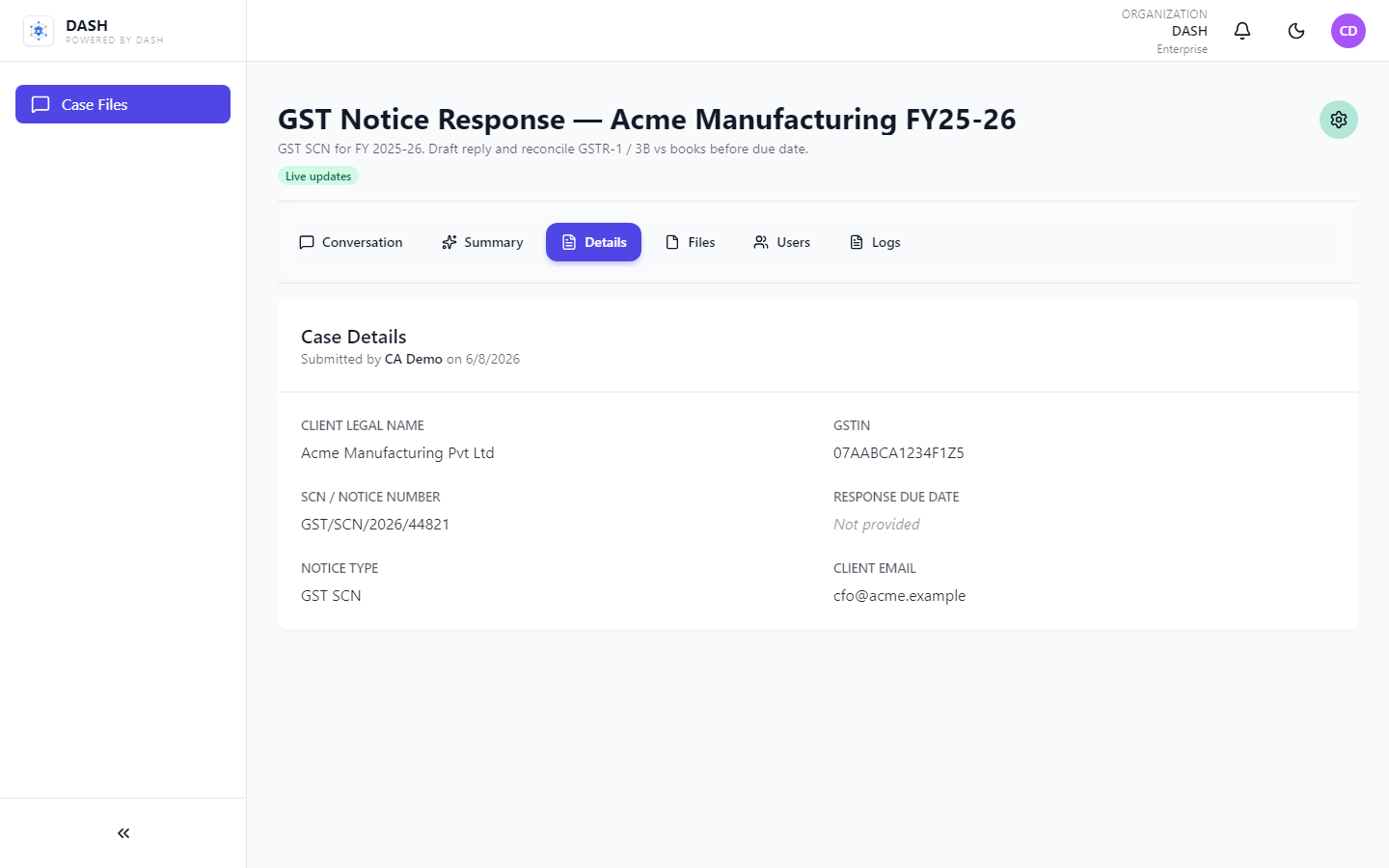 Case file Details tab with GST notice field values