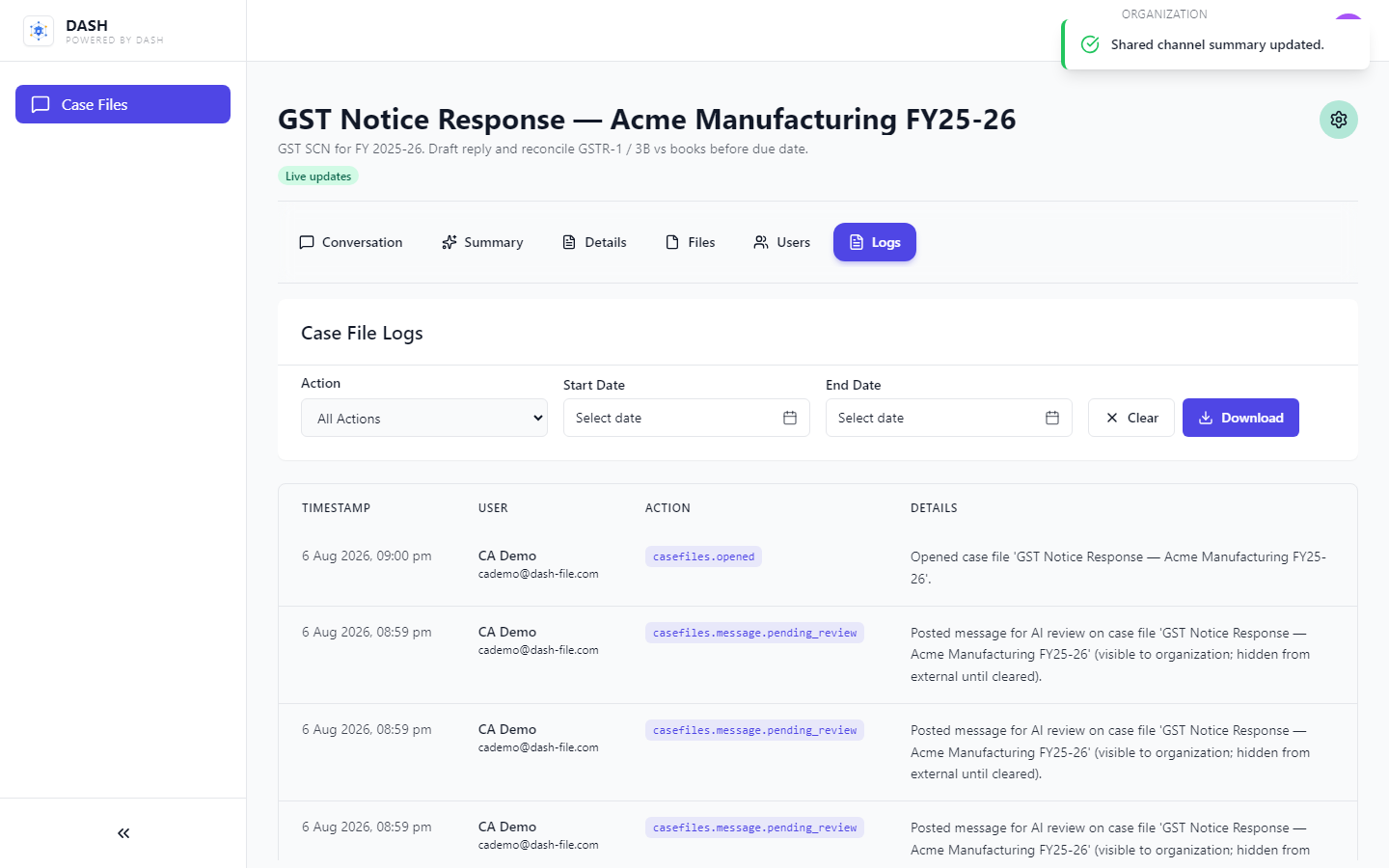 Case file Logs tab with audit activity